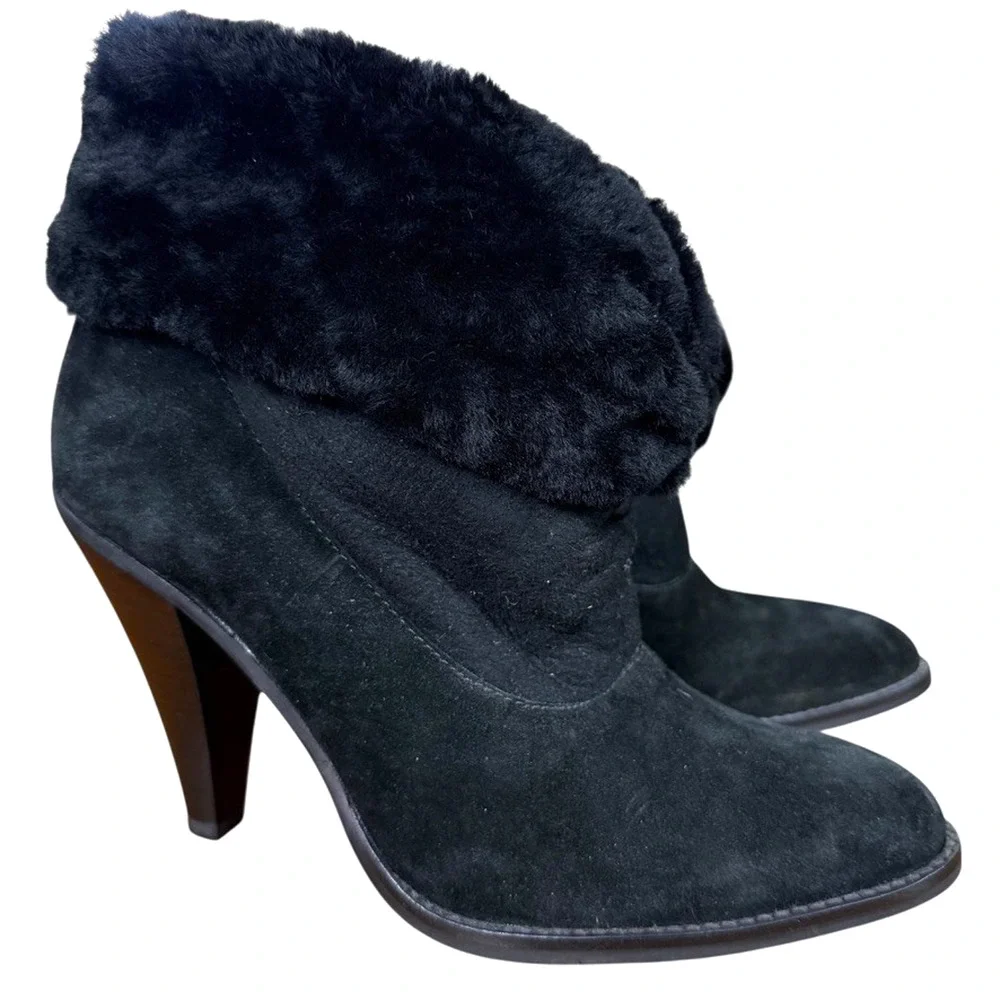 Steve Madden Mayb Faux Fur Trim High Heel Suede Leather Boots Booties sz 10 M